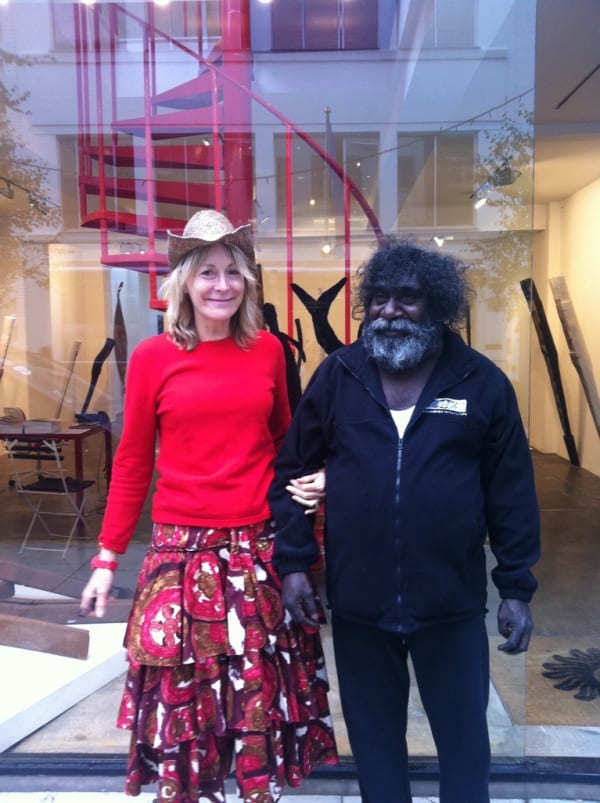 Owen Yalandja and Rebecca Hossack during his exhibition Yawkyawk: Water Spirit Carvings from Maningrida