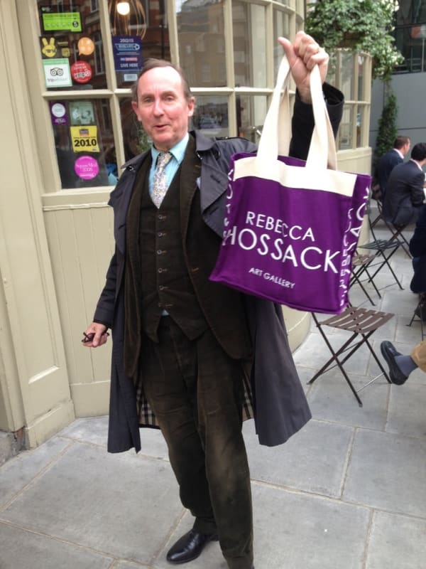 A. N. Wilson with Rebecca Hossack Art Gallery bag