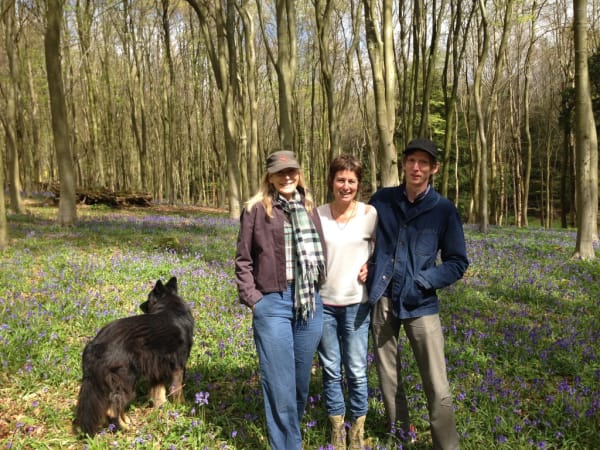 Rebecca Hossack with Matthew Sturgis and artist Barbara MacFarlane in the Bluebell Wood