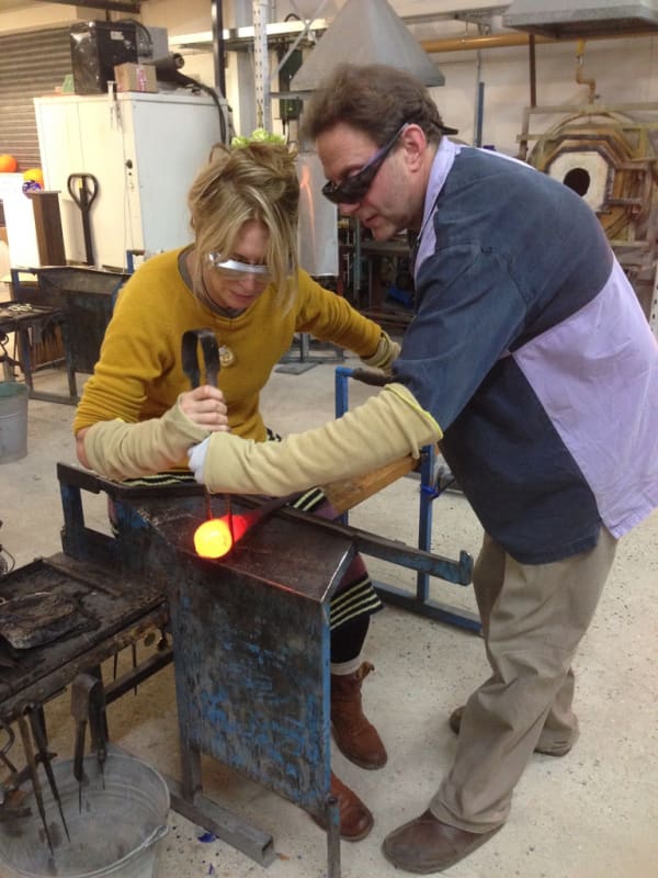 Rebecca Hossack with Adam Aaronson at his glass studio