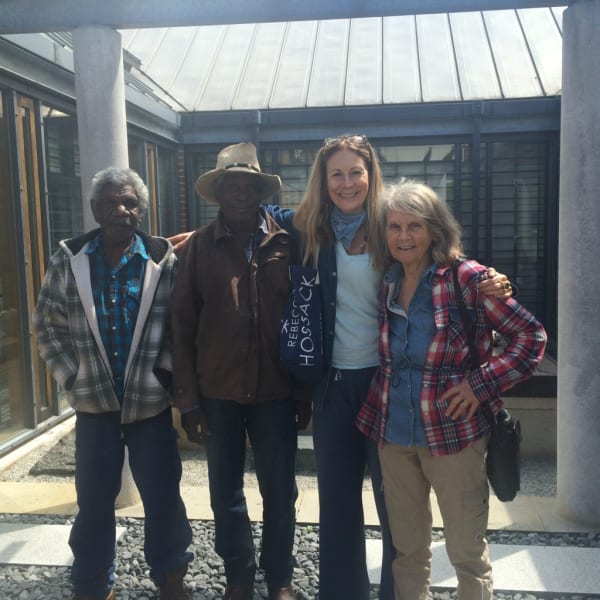 Rebecca Hossack with Pat Lowe, Mervyn Street and David Njuguna in London during Jumu: Artists of Fitzroy Crossing