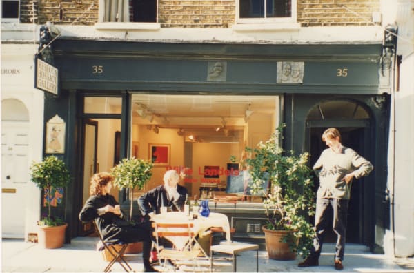 Matthew Sturgis and friends outside the Rebecca Hossack Art Gallery at 35 Windmill Street