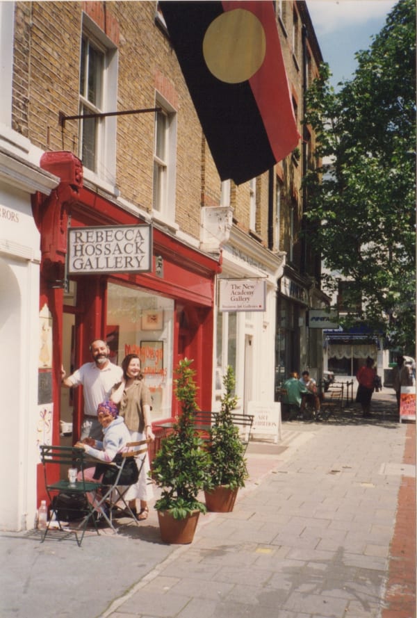 Dada painting outside the gallery during the African Bushmen exhibition at the Rebecca Hossack Art Gallery