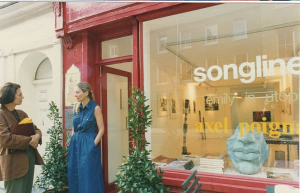 Rebecca Hossack outside Rebecca Hossack Art Gallery during Songlines exhibition