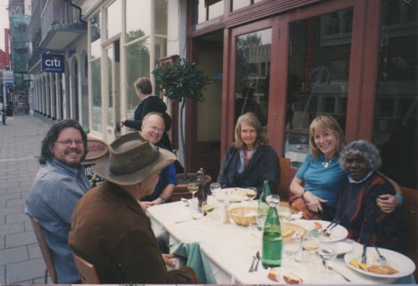 Rebecca Hossack, Pat Lowe and artists outside the gallery in London