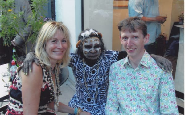 Rebecca Hossack, Jean Baptiste Apuatimi and Matthew Sturgis at Rebecca Hossack Art Gallery for Tapalinga Exhibition