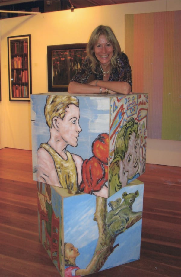 Rebecca Hossack at art fair stand featuring David Bromley