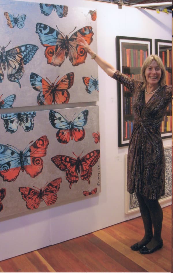 Rebecca Hossack at art fair stand featuring David Bromley