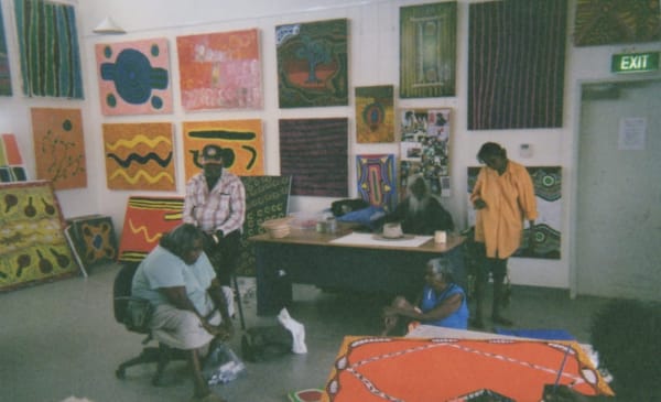 Rebecca Hossack with Aboriginal artists in Kununurra, West Australia