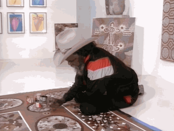 BBC News Report showing Aboriginal artist Clifford Possum painting at the Rebecca Hossack Art Gallery in London - report also mentioned Bruce Chatwin's songlines and Elizabeth Chatwin