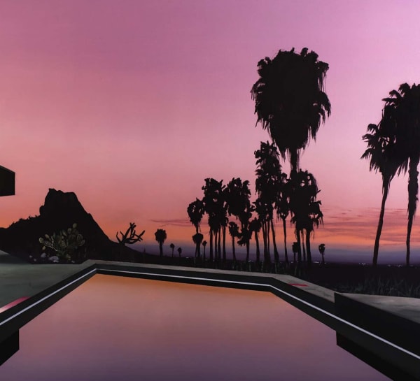 Painting of palms on pink background by Laurence Jones