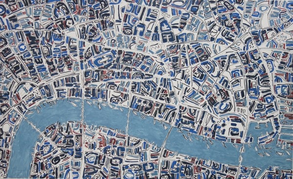 London in blue seen from above painted by Barbara Macfarlane, exhibited at the Rebecca Hossack Art Gallery