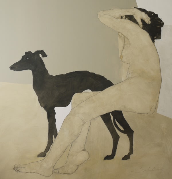 Dark-haired nude woman sitting beside a black dog, artwork by Nikoleta Sekulovic exhibited at the Rebecca Hossack Art Gallery.