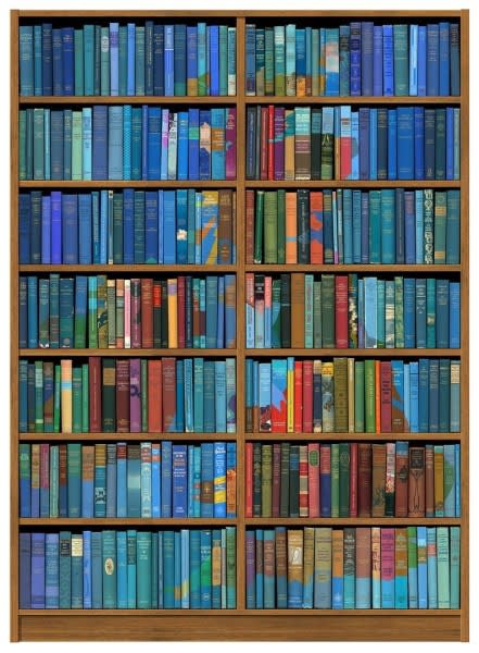 Colored book covers on shelves forming the outline of the United Kingdom, artwork by Phil Shaw