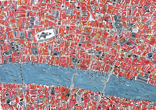London map artwork by British artist Barbara Macfarlane, represented by Rebecca Hossack Art Gallery, featured in Wanderlust.