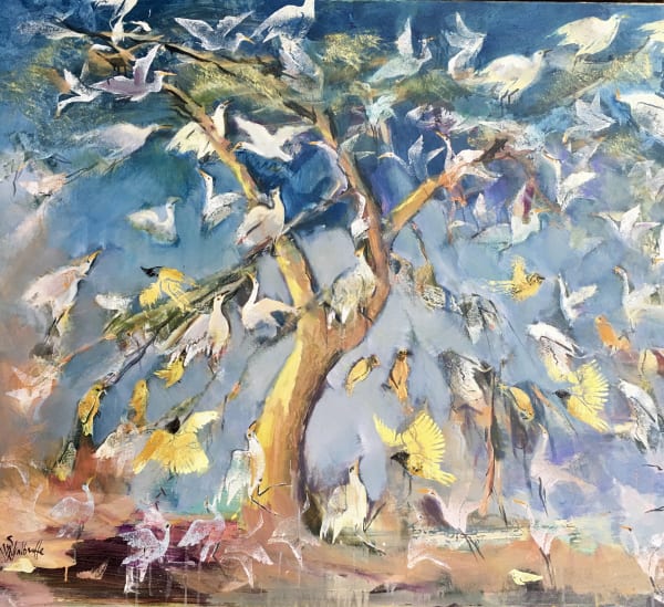 Oil Painting by Kenya-based, British aritst, Sophie Walbeoffe, titled Congregation and Cacophony Tree, available at Rebecca Hossack Art Gallery in London