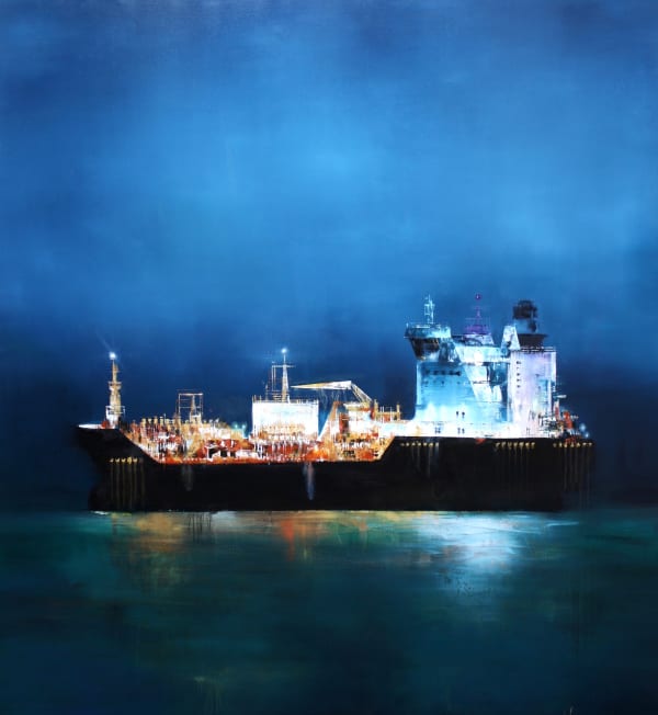Tanker ship on blue background painted by Anne Penman Sweet