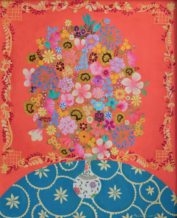 Floral arrangement painting with orange background by Hepzibah Swinford, featured in RakesProgress Magazine