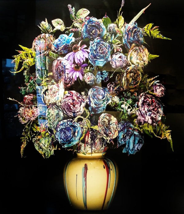 Colored floral arrangement by Hyojin Park exhibited at theLondon Rebecca Hossack Art Gallery.