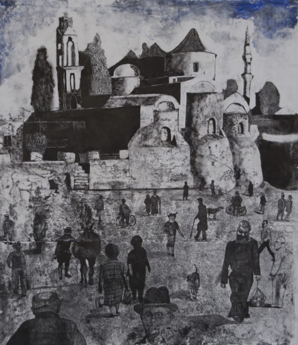 Monoprint of a Cyprus scene by British-Cypriot artist Sophie Charalambous, titled Comings and Goings, winner of the Jerwood Printmaking Today Prize and available at Rebecca Hossack Art Gallery