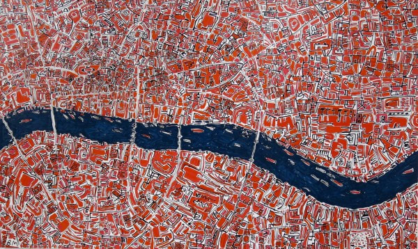 City seen from above painted by Barbara Macfarlane exhibited at the Rebecca Hossack Art Gallery London