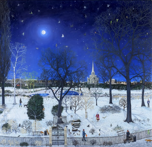Painting of London park under snow on blue background by Emma Haworth featured in Country Life.