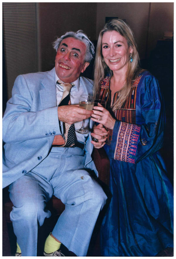 Rebecca Hossack with Australian comedian Barry Humphries as Sir Les Patterson at the gallery in London