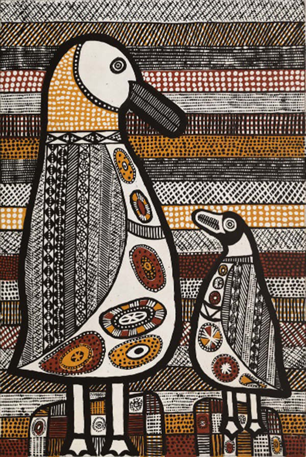 Bird aboriginal art exhibited at the Rebecca Hossack Art Gallery