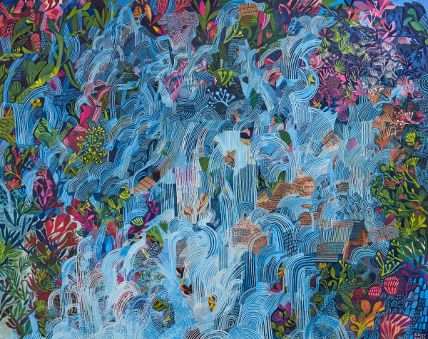 Painting of waterfalls and botanical forms, titled Deluge, by London-based artist Ashley Amery, available at Rebecca Hossack Art Gallery
