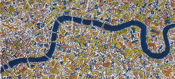Green and blue city seen from above painted by Barbara Macfarlane exhibited at the Rebecca Hossack Art Gallery