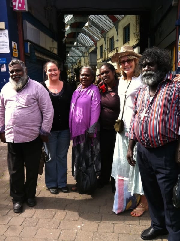 Rebecca Hossack with Borroloola artists at Brixton Market, London