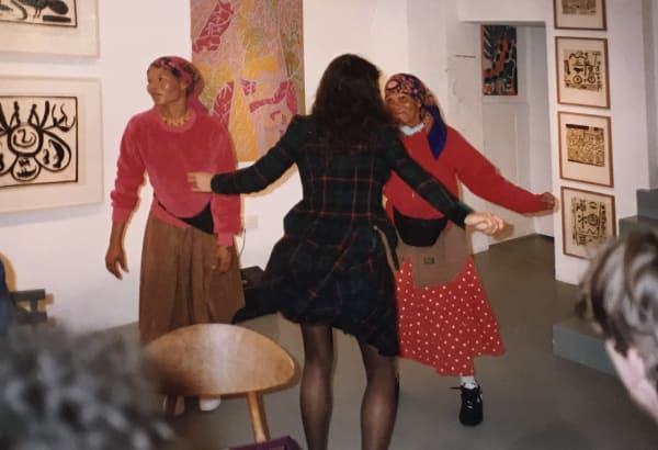 African Bushmen artists dancing in the Rebecca Hossack Art Gallery, 1993