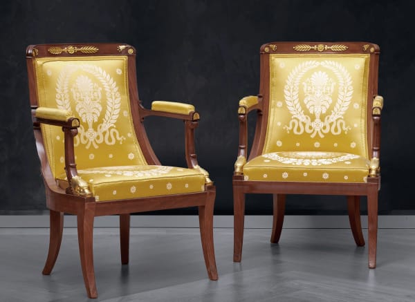 Unknown, A set of six Empire fauteuils, with armrests decorated with heads of dolphins, Paris, date circa 1810