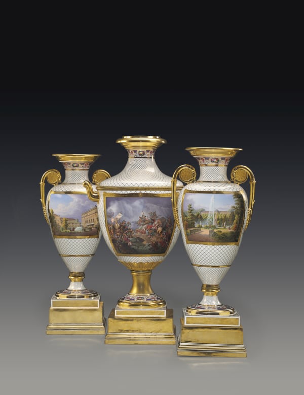 K.P.M. Königliche Porzellan-Manufaktur, Berlin, A highly important Classical armorial and topographical three-piece vase garniture from “The Meiningen Service” by KPM, Berlin, commissioned in 1850