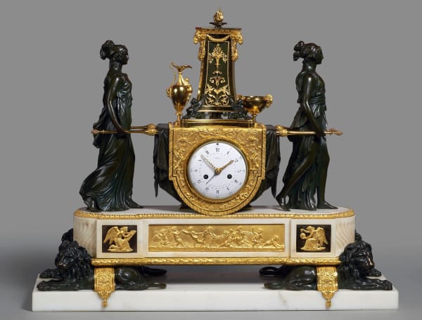 Pierre-Claude Lépine (Raguet-), A Louis XVI mantel clock representing the Vestal Virgins Carrying the Sacred Fire by Pierre-Claude Raguet-Lépine, Paris, date circa 1785-90