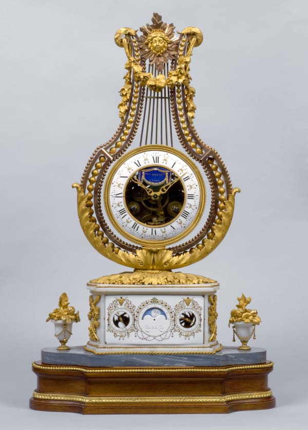 Joseph Coteau, A Louis XVI lyre clock by Jacques-Thomas Bréant, enamel work by Joseph Coteau, Paris date 1775-80