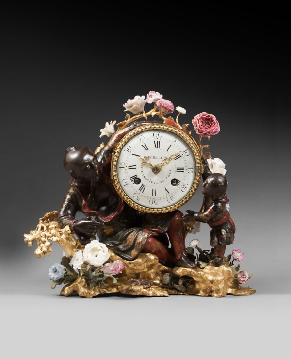 Pierre II Le Roy , A Louis XV mantel clock by Pierre II Le Roy, magot figures attributed to Martin Frères, Paris, date circa 1750