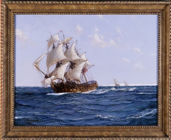 Montague Dawson (1895-1973) - “A Squadron of men-o’war of the Restoration Navy in the English Channel, with The White Cliffs of Dover in the distance” by Montague Dawson