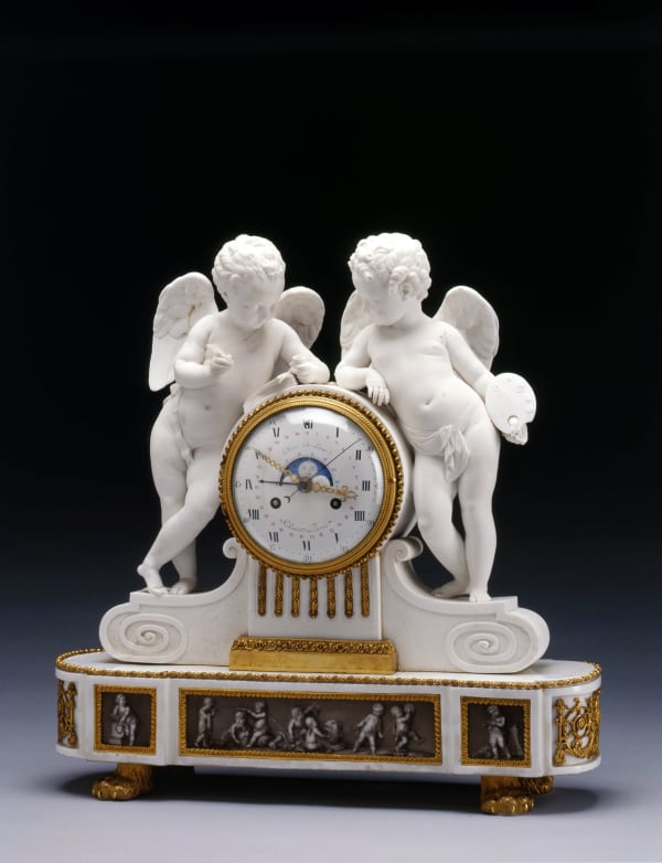 Jean-Nicolas Schmit , A Louis XVI figural mantel clock, by Jean-Nicolas Schmit, porcelain by d’Angoulême Factory, Paris, date circa 1790