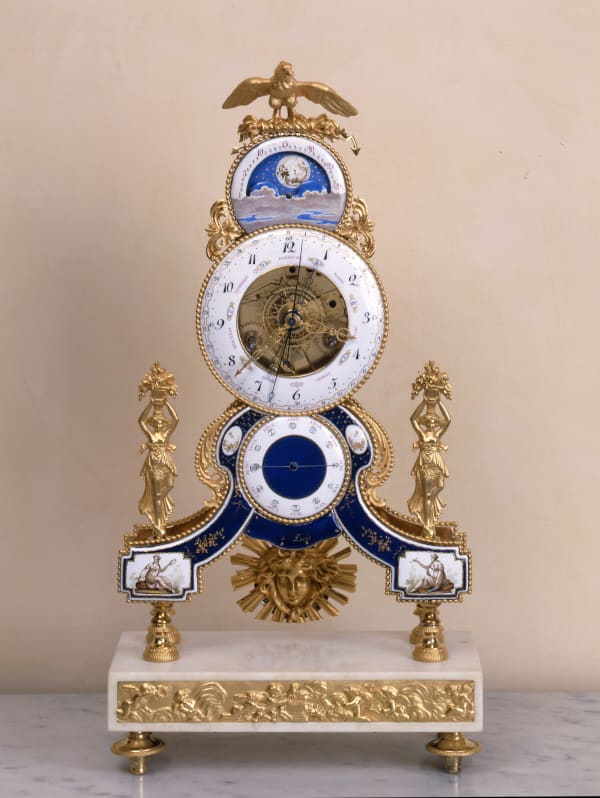 Joseph Coteau (attributed to), A Louis XVI astronomical skeleton clock, enamel work attributed to Joseph Coteau, Paris, date circa 1790