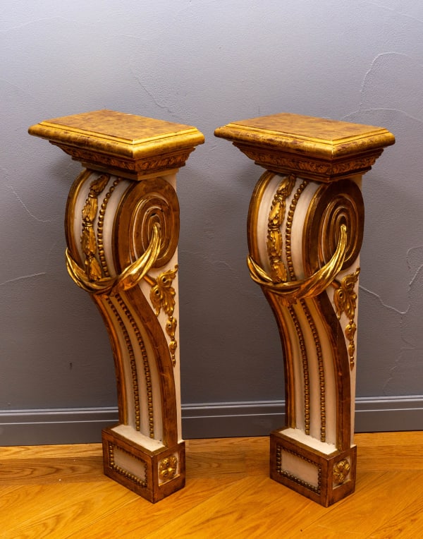 A PAIR OF LOUIS XVI PAINTED AND CARVED GILTWOOD PEDESTALS, Paris, date circa 1770-80