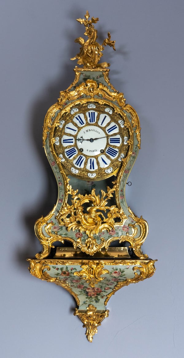 Jean-Baptiste Baillon, A Louis XV gilt bronze mounted polychrome painted blue corne grand cartel, Paris, date circa 1750