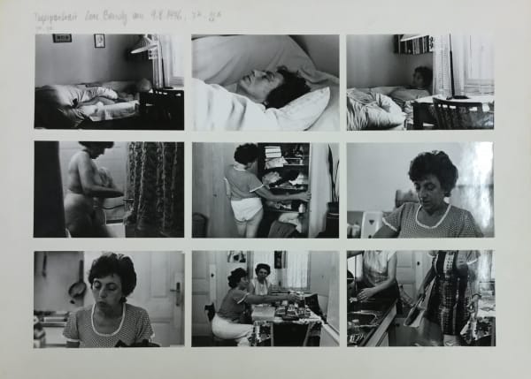 Friedl KUBELKA Tagesportrait: Lore Bondy am 9.8.1976, 7:30 - 22:15, 1976 61 vintage gelatin silver prints mounted on 7 sheets of card Each sheet: 32 x 44 cm