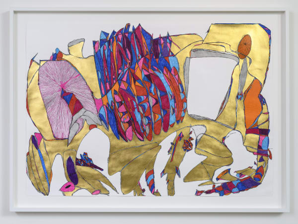 L'Ineluttabile Thano Nucleoso, 2023 Gold leaf, pencil, black marker, coloured markers and coloured crayons on paper 70 x 100 cm