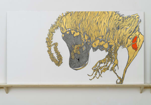 Elinguato Formicoso, 2023 Gold leaf, pencil, black felt-tip pen and acrylic on plaster panel. 79,5 x 154 cm