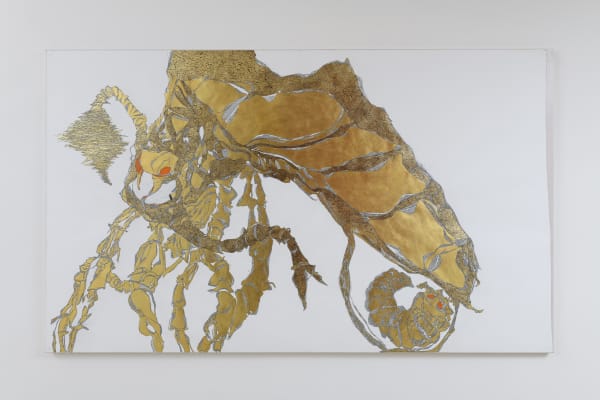 Idolone Lanternorato, 2022 Gold leaf, pencil, black marker, orange marker and metal leaf on canvas paper and wooden framework. 150 x 250 cm