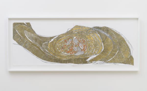 Grande Cellula Madre, 2020 Gold leaf, pencil, black marker and orange marker on paper 50 x 140 cm