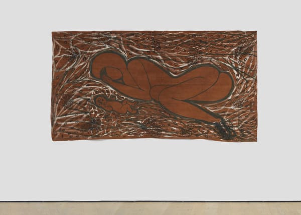 Everlyn Nicodemus (Tanzanian, Swedish, and British, b. 1954). After the Birth. 1980. Acrylic on bark cloth, approx. 43 5/15 × 82 11/16″ (110 × 210 cm). © Everlyn Nicodemus. Courtesy Richard Saltoun Gallery, London, Rome, and New York