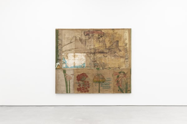 Installation View, Vivienne Koorland, PEGASUS, 2020, Oil paint, printed roadmap from 1960, on stitched linen and burlap Image courtesy Adriaan Hauwaert