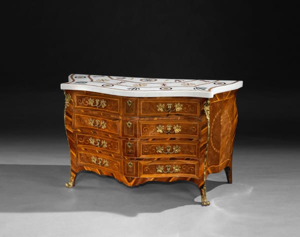 A GEORGE III OROMOLU-MOUNTED MARQUETRY COMMODE ATTRIBUTED TO PIERRE LANGLOIS
